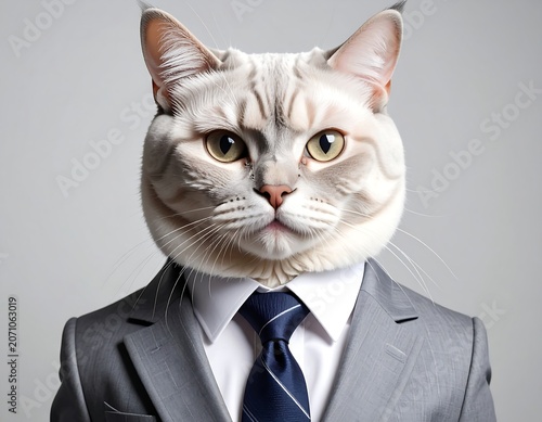 A surreal image presents a cat's head superimposed on a person in a gray suit and striped blue tie. The cat stares intently