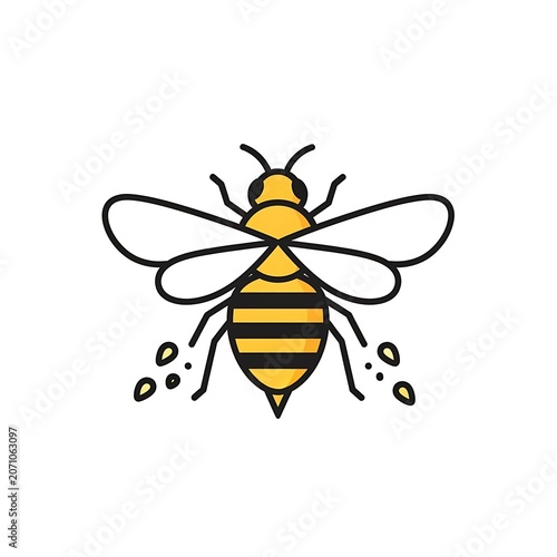 Cute cartoon bee with striped body and wings.