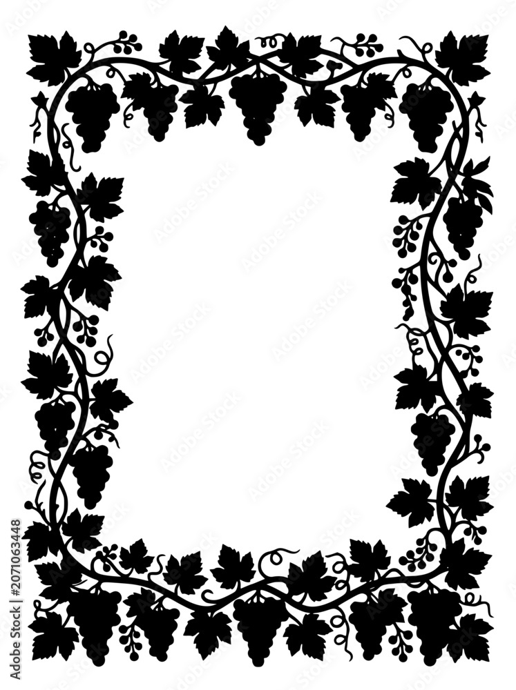 Fototapeta premium Black Grapevine Border Silhouette with Leaves and Grapes