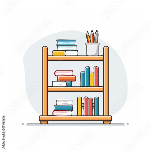 Flat design illustration of a wooden bookshelf with books and pencils