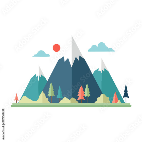 Flat design mountain range with sun and clouds