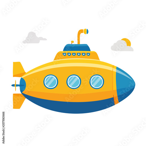 Flat design yellow submarine with clouds and sun