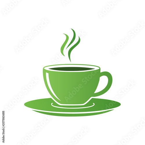 Green coffee cup with steam on saucer