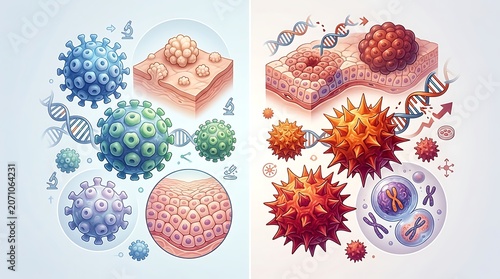 Medical diagram of virus types and tissue cell mutation process