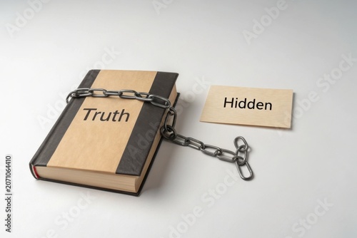 Book labeled Truth chained shut next to Hidden card