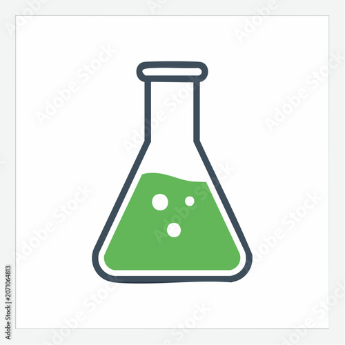 Flat icon of a laboratory flask with green liquid and bubbles