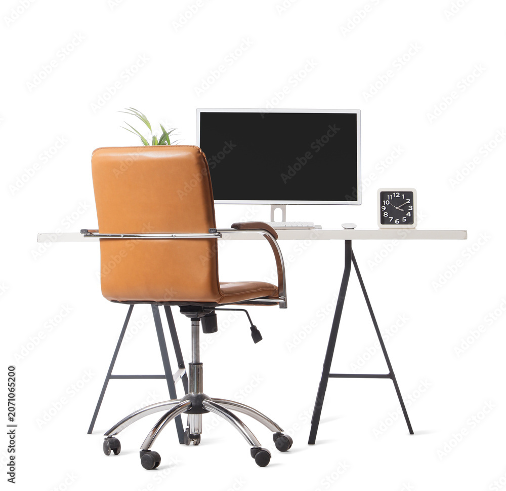 Fototapeta premium Modern office workspace with computer monitor and brown swivel chair