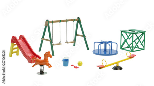 Colorful playground equipment set with slides and climbing structures in a bright outdoor play area Vector