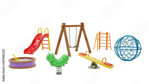Colorful wooden playground equipment set with slides, swings, and jungle gym for children Vector