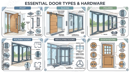 Essential door types and architectural hardware guide infographic