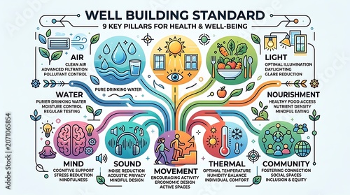 Infographic of healthy building pillars for wellness and comfort