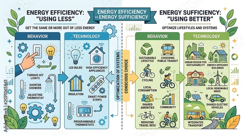 Energy efficiency and sufficiency comparison infographic