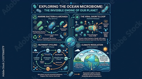 Infographic explaining the ocean microbiome and marine ecosystem cycles