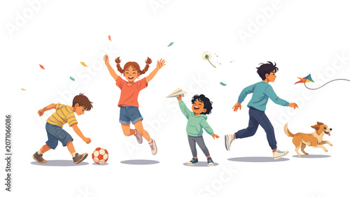 Happy family playing with dog in a colorful park setting Vector