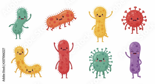 Tableau sur toile Cute Cartoon Microbes and Bacteria Characters Set.
