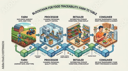 Blockchain technology for food traceability farm to table infographic
