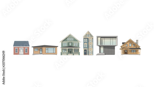 Simple colorful row of cartoon houses with different architectural styles Vector