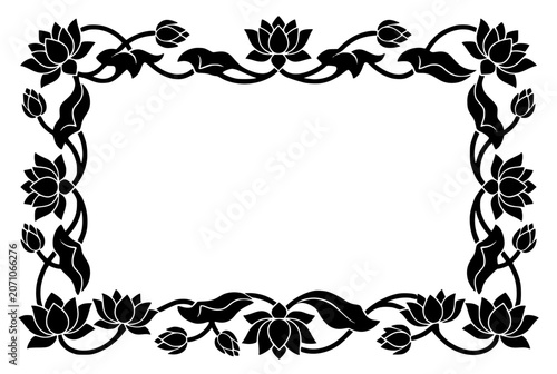 Elegant black and white lotus flower floral border frame design