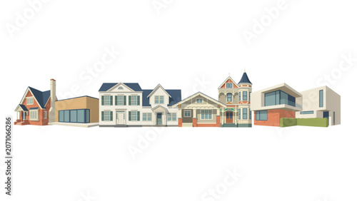 Colorful row of stylized houses in a cheerful neighborhood illustration Vector