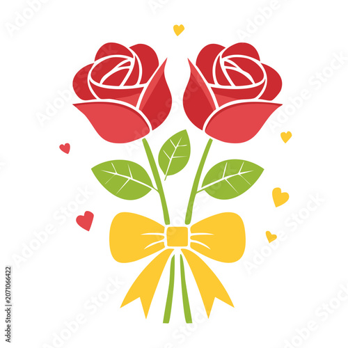Two red roses with yellow bow and hearts
