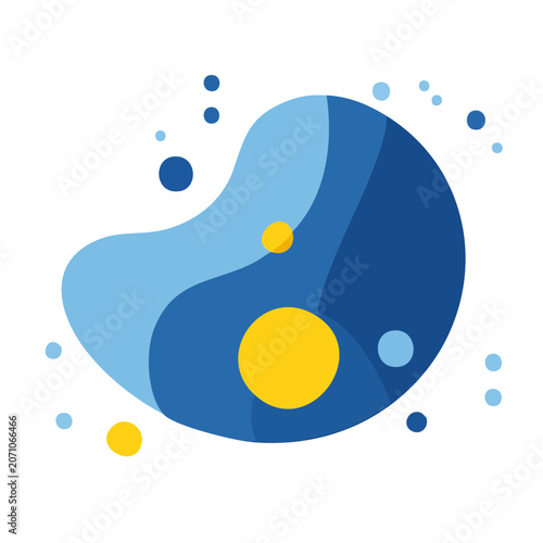 Abstract blue and yellow fluid shape with circles