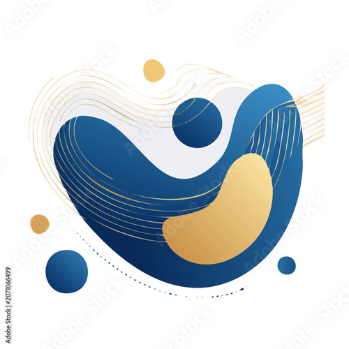 Abstract fluid shapes with gold lines and circles