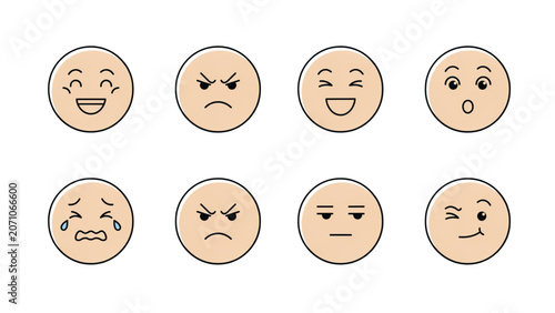 Set of eight cartoon faces showing different emotions and expressions Vector