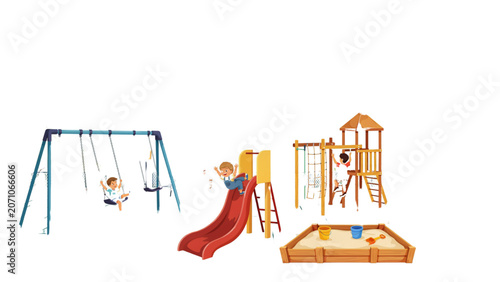 Colorful playground with swing set, slide, and jungle gym for children playing outdoors Vector