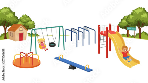 Colorful playground equipment set in a park with trees and clear sky Vector