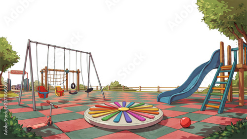 Colorful children playground with amusement rides and swings on sunny day Vector