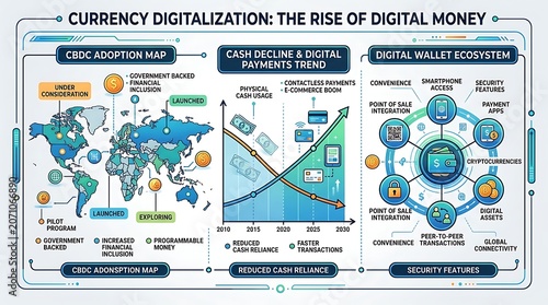 Digital currency infographic showing global trends and wallet systems