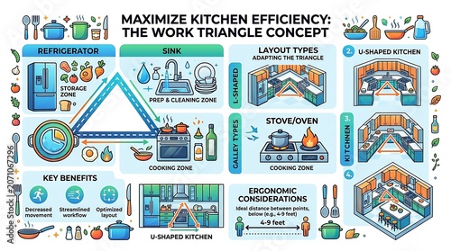 Kitchen work triangle infographic for efficient home layout design