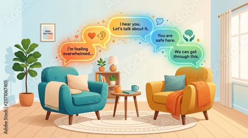 Therapy room with colorful speech bubbles representing supportive conversation mentalhealth
