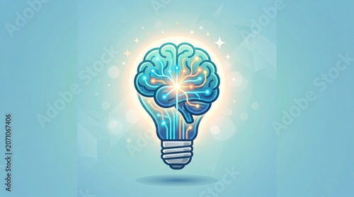 Glowing human brain inside lightbulb concept representing creative thinking mentalhealth