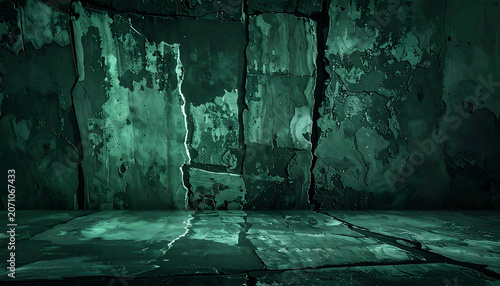 Grungy, textured industrial room with peeling paint and reflections on the wet floor, dark moody atmosphere, grunge texture