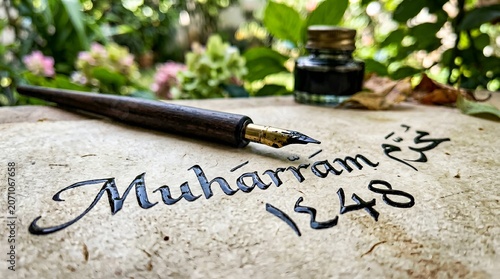 Muharram Calligraphy with Vintage Ink Pen and Bottle