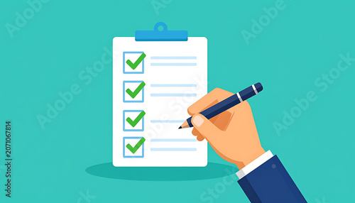Hand completing a checklist on a clipboard with green checkmarks, business task management, survey completion, or progress tracking