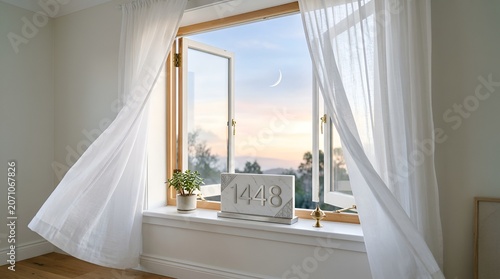 Open Window, Crescent Moon, Sunset Sky, Blowing Curtains, Home Interior