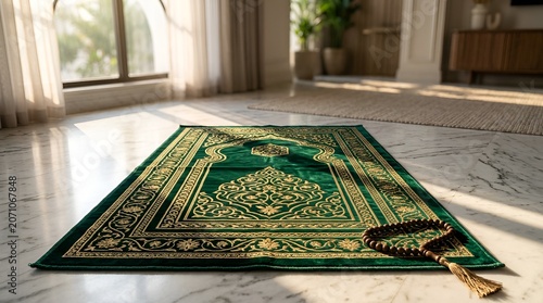 Islamic Prayer Rug and Tasbih Beads on Marble Floor, Sunlight and Plants