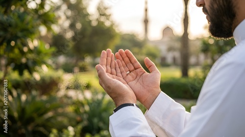 Muslim man praying outdoors, hands open in supplication, faith and devotion