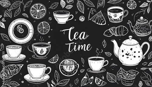 Hand-drawn tea time illustration with cups, teapots, saucers, and leaves on black background, text 'Tea Time', whimsical pattern