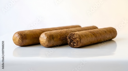 Three premium hand-rolled cigars on a clean white surface, close-up studio shot
