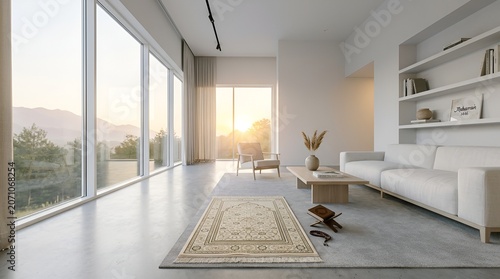 Modern Living Room with Panoramic Mountain View at Sunset