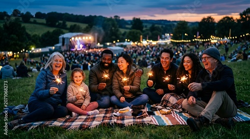 Happy family and friends enjoying outdoor festival with sparklers at dusk