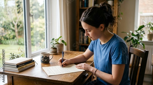 Young woman writing letter at desk by window, natural light, home office