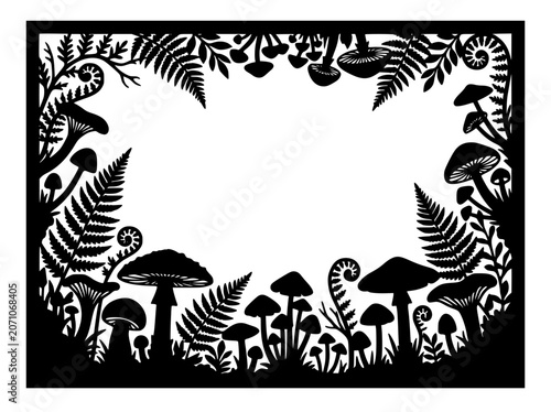 Mushroom and Fern Forest Silhouette Frame Border