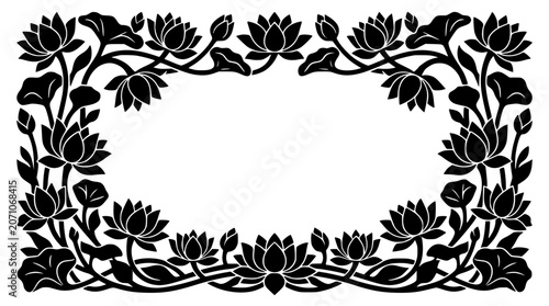 Lotus flower silhouette frame border with leaves and stems vector