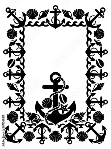 Nautical Anchor and Seashell Frame Border Silhouette