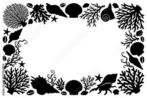 Nautical Marine Life Silhouette Frame with Sea Shells and Coral