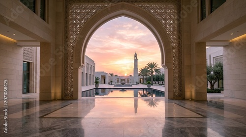 Ornate Archway Overlooking Tranquil Courtyard with Reflecting Pool at Sunset
